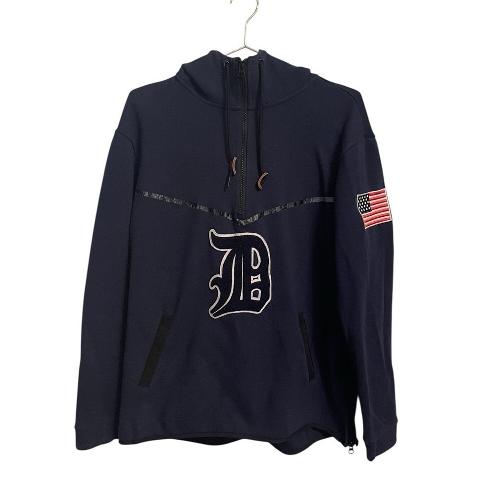 Stall & Dean Detroit Navy Blue Quarter Zip Hoodie Mens XL Embroidered Graphic